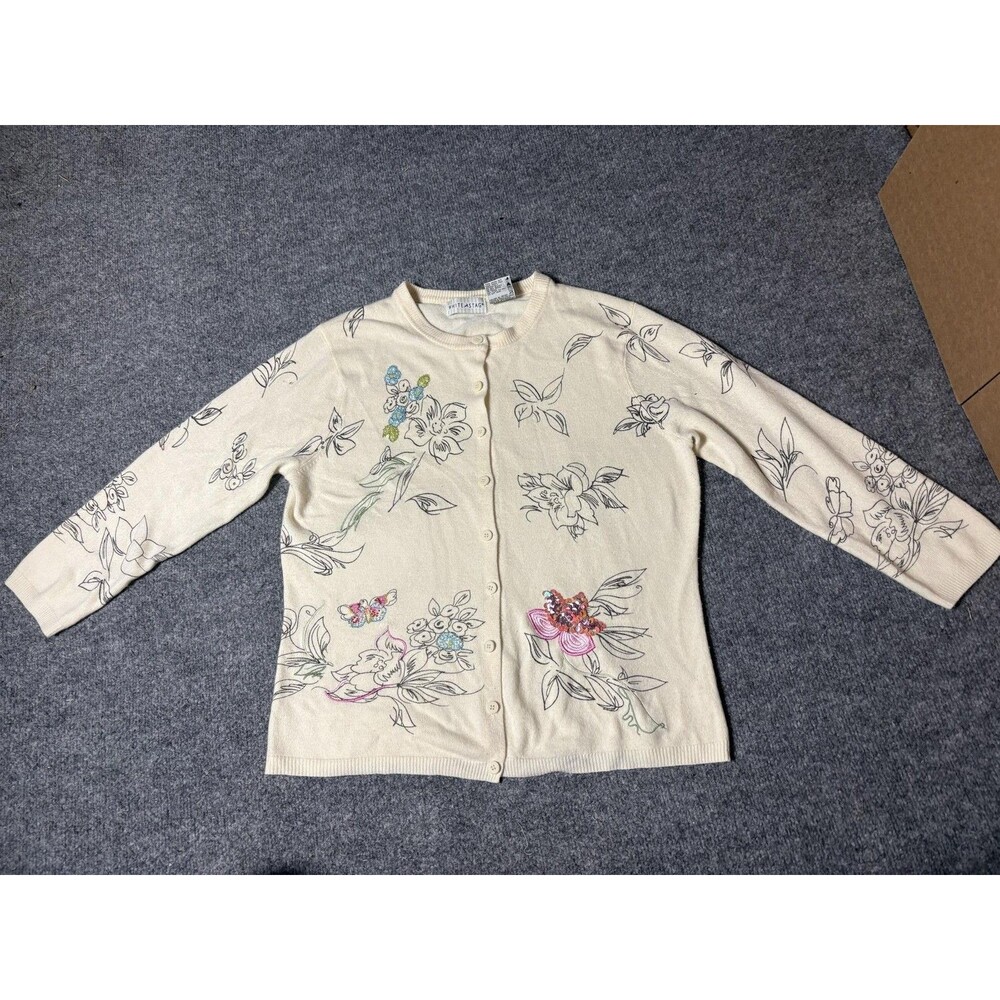 White Stag Sweater Womens M Beige Floral Embroidered Beaded Sequin Cardigan Knit